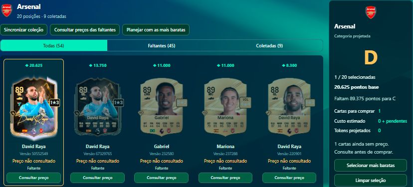Galeria do FechouGG no Web App, com cartas coletadas e faltantes de um clube