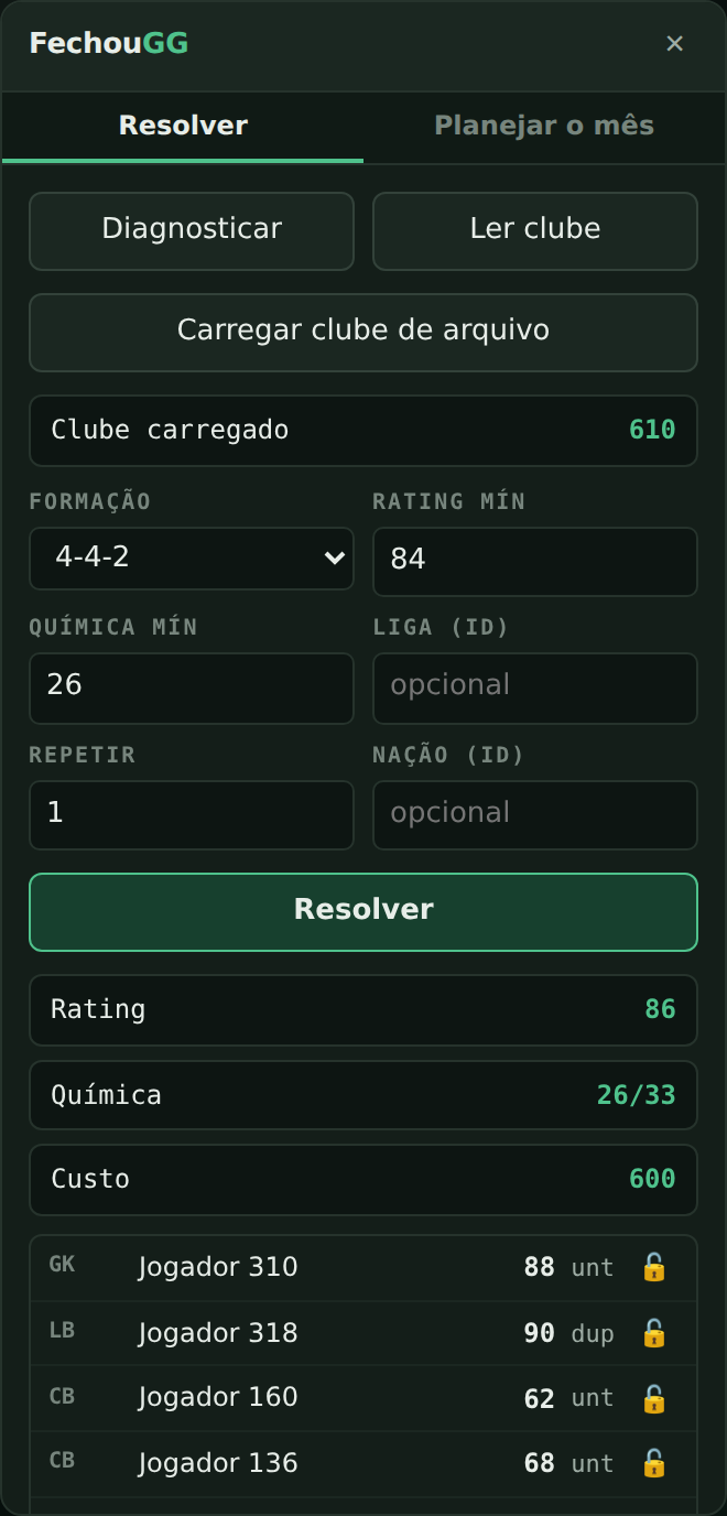 Painel do FechouGG dentro do Web App, mostrando a escalação resolvida com rating, química e custo.